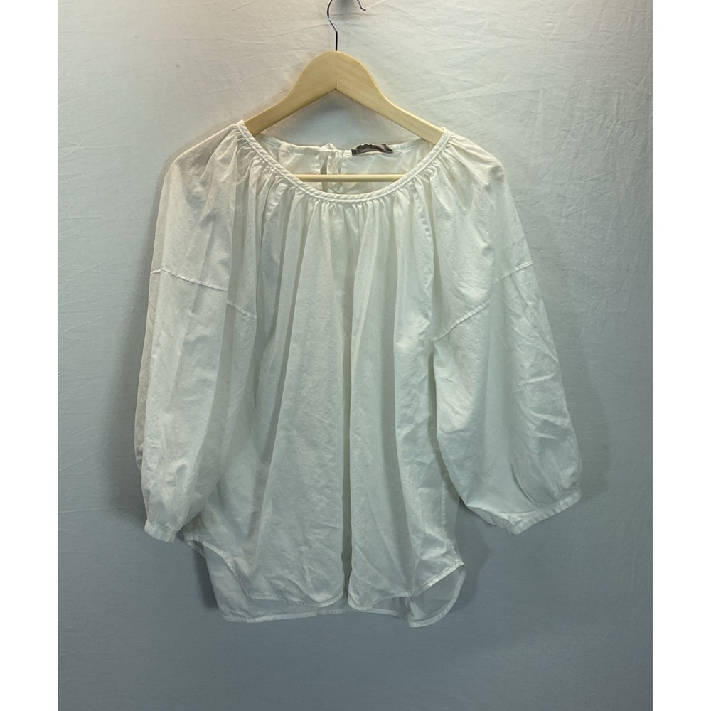 Everlane Cotton Tie Back Top 3/4 Puff Sleeve‎ Blouse White Peasant semi sheer 12